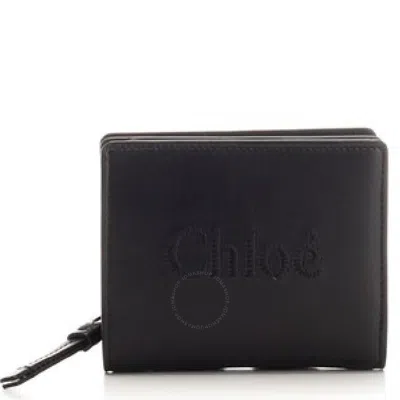 Chloé Chloe Soft Leather Logo Embroidered Sense Compact Wallet In Black