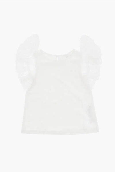 Chloé Solid Color Crew-neck Top With Ruffled Sleeves Grösse 5 Y In White