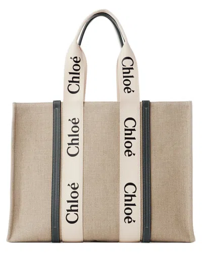 Chloé Chloè Spacious Linen Tote Bag - Height 33 Cm, Width 45 Cm, Depth 13 Cm In White