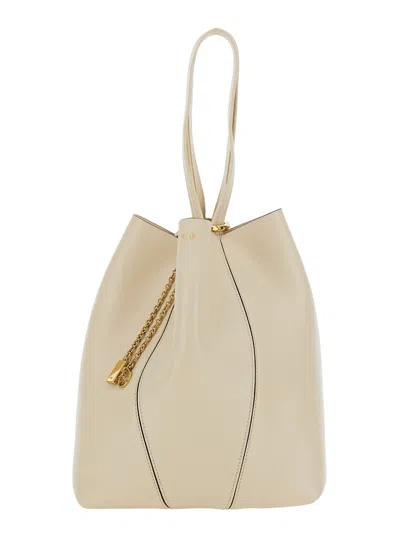Chloé 'spin' Beige Shoulder Bag With Metal Logo Medals In Grained Leather Woman