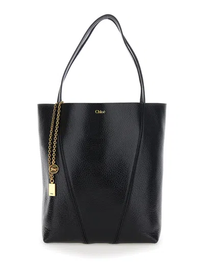 CHLOÉ CHLOÉ WOMEN 'SPIN' BLACK SHOULDER BAG WITH METAL LOGO MEDALS IN GRAINED LEATHER WOMAN