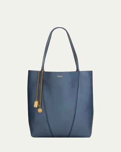 Chloé Spin Medium Tote Bag In Leather In Blue