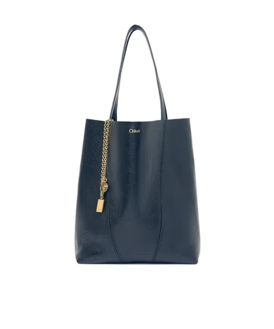 Chloé Spin Medium Tote Bag In Leather In Blue