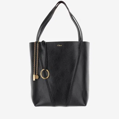 Chloé Small Spin Glossy Leather Tote Bag In Black