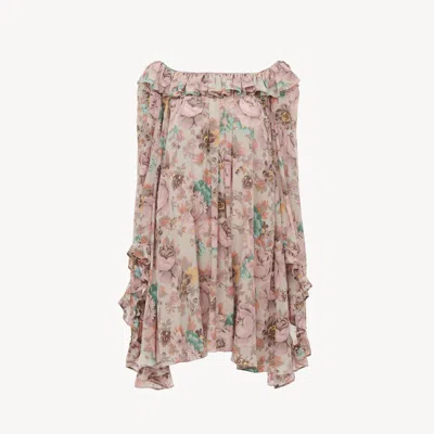 CHLOÉ MINI ROBE ENCOLURE BATEAU À VOLANTS EN CRÊPE DE CHINE FEMME GRIS TAILLE 38 100% SOIE