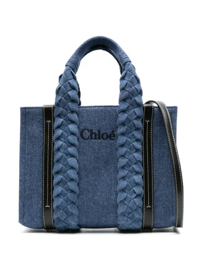 Chloé Ss24 Small Woody Calf Leather Tote In Denim For Women In Blue