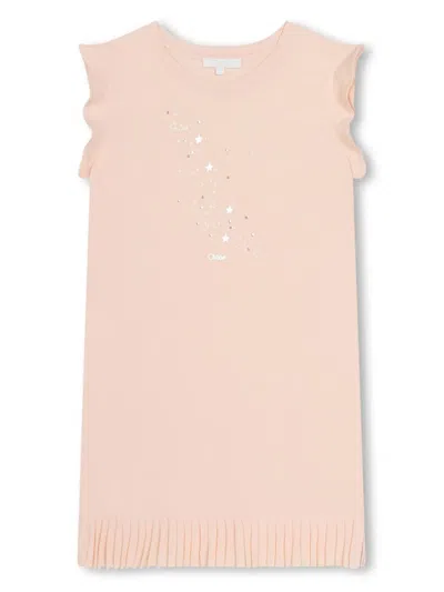 Chloé Kids' Star-print Fringed Dress In Pink
