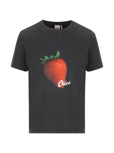 Chloé Strawberry-print Cotton T-shirt In Gray
