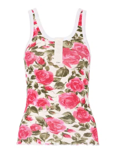 Chloé Stretch Cotton Top With Floral Print In Multi