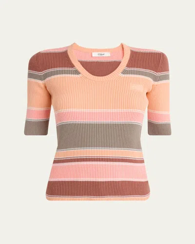 Chloé Striped Crewneck Rib Knit Cotton Top In Multi