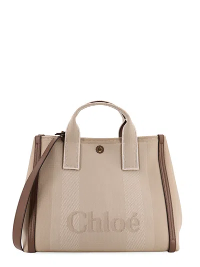 Chloé Striped Jacquard Fabric Carry Crossbody Bag With Oversized Logo On The Front In Brown