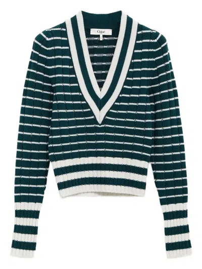 Chloé Striped V-neck Sweater In Green