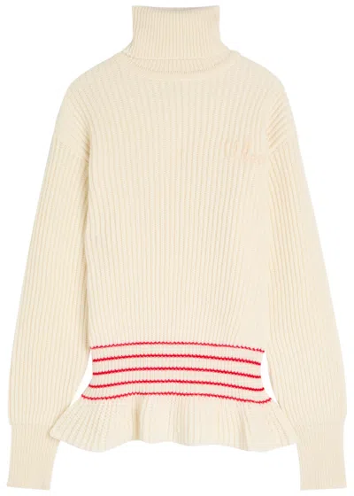 Chloé Turtleneck Striped Ribbed Wool And Mohair-blend Peplum Sweater In Neutral