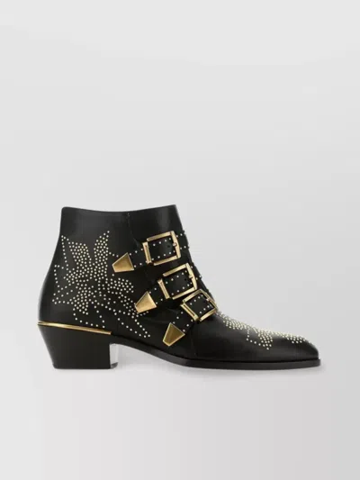 Chloé Black Calf Leather Bos Taurus Lace-up Boots In Animal Print