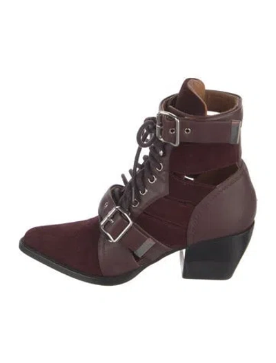 Pre-owned Chloé Suede Colorblock Pattern Lace-up Boots In Burgundy