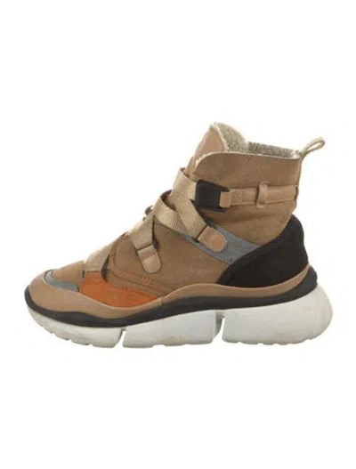 Pre-owned Chloé Suede Colorblock Pattern Wedge Sneakers In Neutral