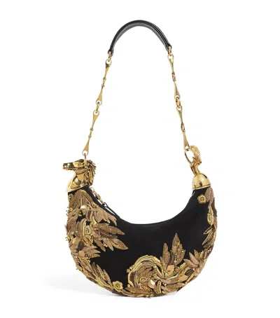 Chloé Suede Embellished Horse Shoulder Bag In Black