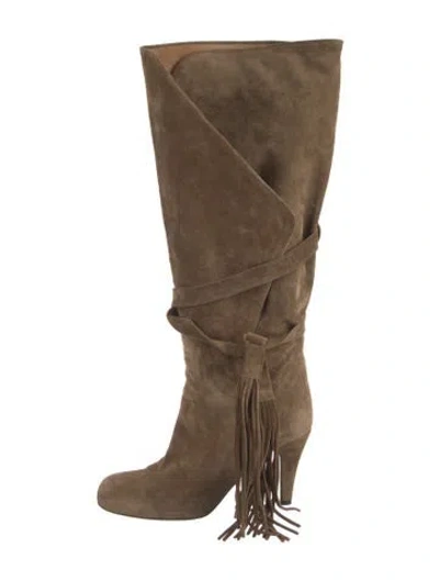 Pre-owned Chloé Suede Fringe Trim Accent Slouch Boots In Neutral