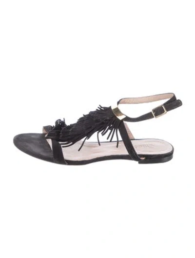 Pre-owned Chloé Suede Fringe Trim Accent T-strap Sandals In Black