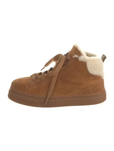 Pre-owned Chloé Suede Fur Trim Lace-up Boots In Brown