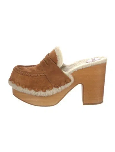 Pre-owned Chloé Suede Fur Trim Mules In Brown