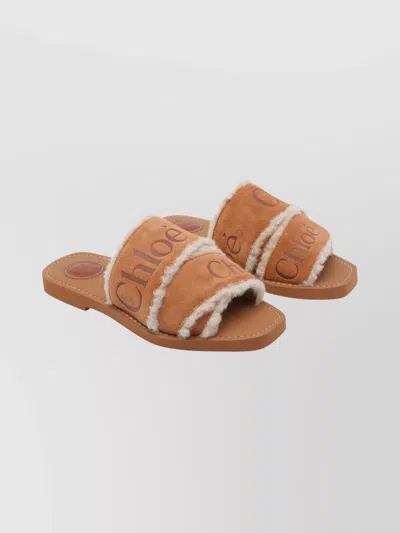 Chloé Suede Leather Flat Sandals With Faux Fur In Brown
