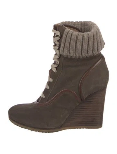 Pre-owned Chloé Suede Leather Trim Embellishment Lace-up Boots In Brown