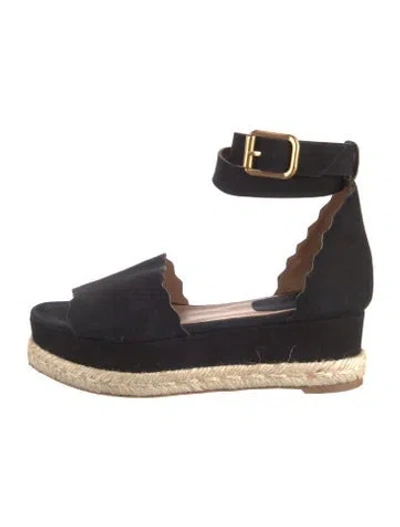 Pre-owned Chloé Suede Scalloped Accent Espadrilles In Black
