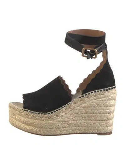 Pre-owned Chloé Suede Scalloped Accent Espadrilles In Black