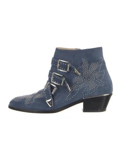 Pre-owned Chloé Suede Studded Accents Moto Boots In Blue