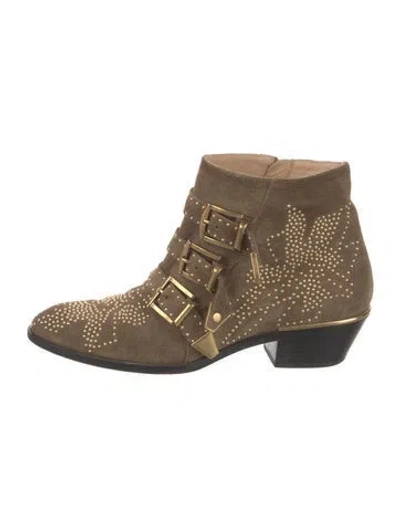 Pre-owned Chloé Suede Studded Accents Western Boots In Neutral
