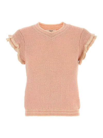 Chloé Cap-sleeved Wool Knit Top In Pinky Orange