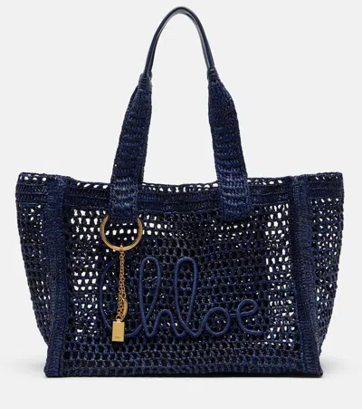 Chloé Summer Banana East-west Raffia Tote Bag In Blue