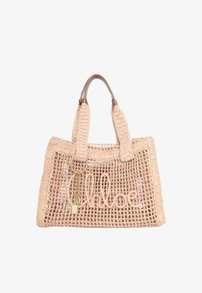 Chloé Summer Banana East-west Raffia Tote Bag In Pink