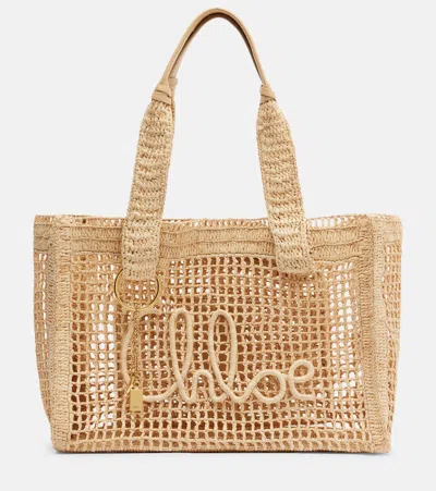 Chloé Summer Banana East-west Raffia Tote Bag In Sand