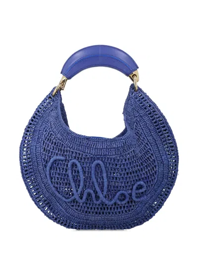 Chloé Mini Summer Banana Logo-embroidered Raffia Crossbody Bag In Blue