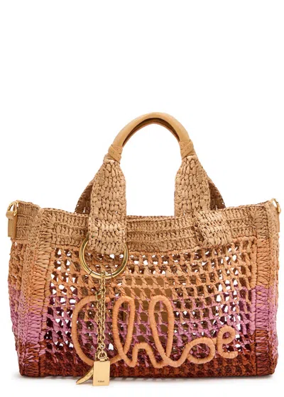 Chloé Chloe Summer Banana Logo Leather And Raffia Tote In Multi