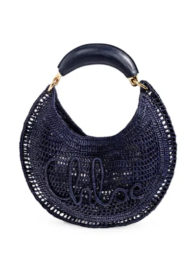 Chloé Summer Banana Logo-embroidered Raffia Tote Bag In Blue