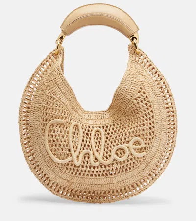 Chloé Summer Banana Medium Raffia Shoulder Bag In Sand