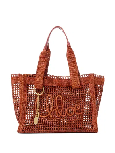 Chloé East-west Summer Banana Tote Bag In Raffia In Brown