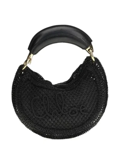 Chloé Summer Banana Raffia Logo Mini Bag In Black