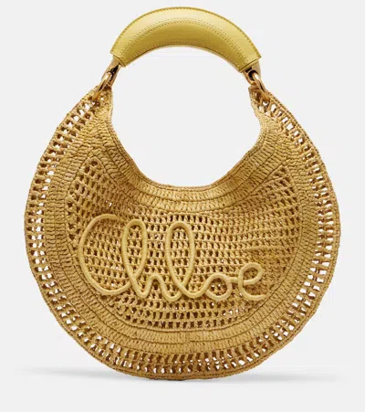 Chloé Summer Banana Leather-trimmed Embroidered Raffia Tote In Yellow