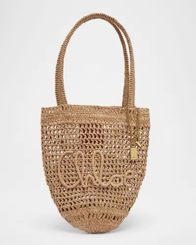 Chloé Summer Banana Small Shoulder Bag In Crochet Paper And Leather In Sand