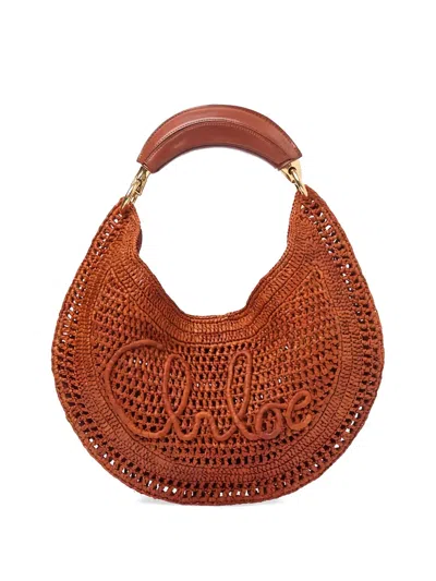 Chloé Summer Banana Leather-trimmed Embroidered Raffia Tote In Brown