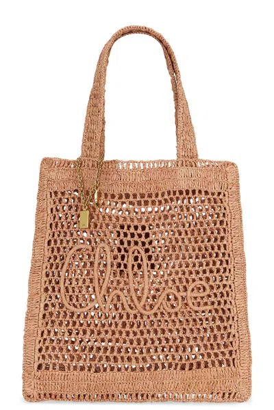 Chloé Summer Banana Embellished Crocheted Embroidered Faux Raffia Tote In Beige