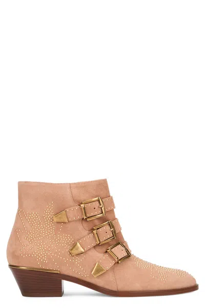 Chloé Susan Ankle Boots In Suede With Studs In Pink