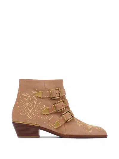 Chloé Susan Studded Buckled Ankle Boots In Brown