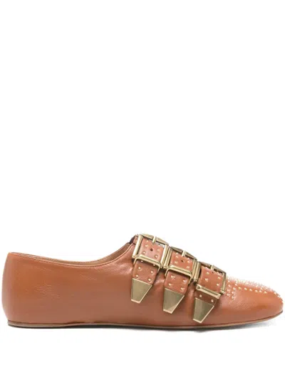 Chloé Susan Studded Buckled Leather Flats In Animal Print