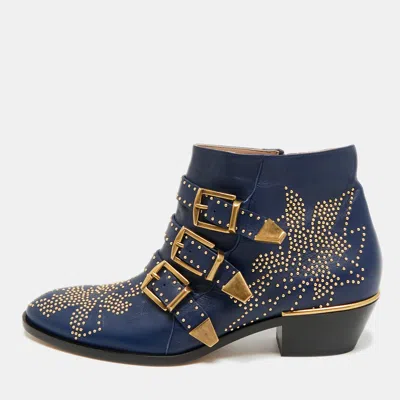 Pre-owned Chloé Susanna Size 39.5 Navy Blue Leather Ankle Length Boots