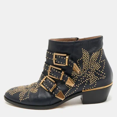 Pre-owned Chloé Susanna Studded Size 38 Navy Blue Leather Ankle Boots